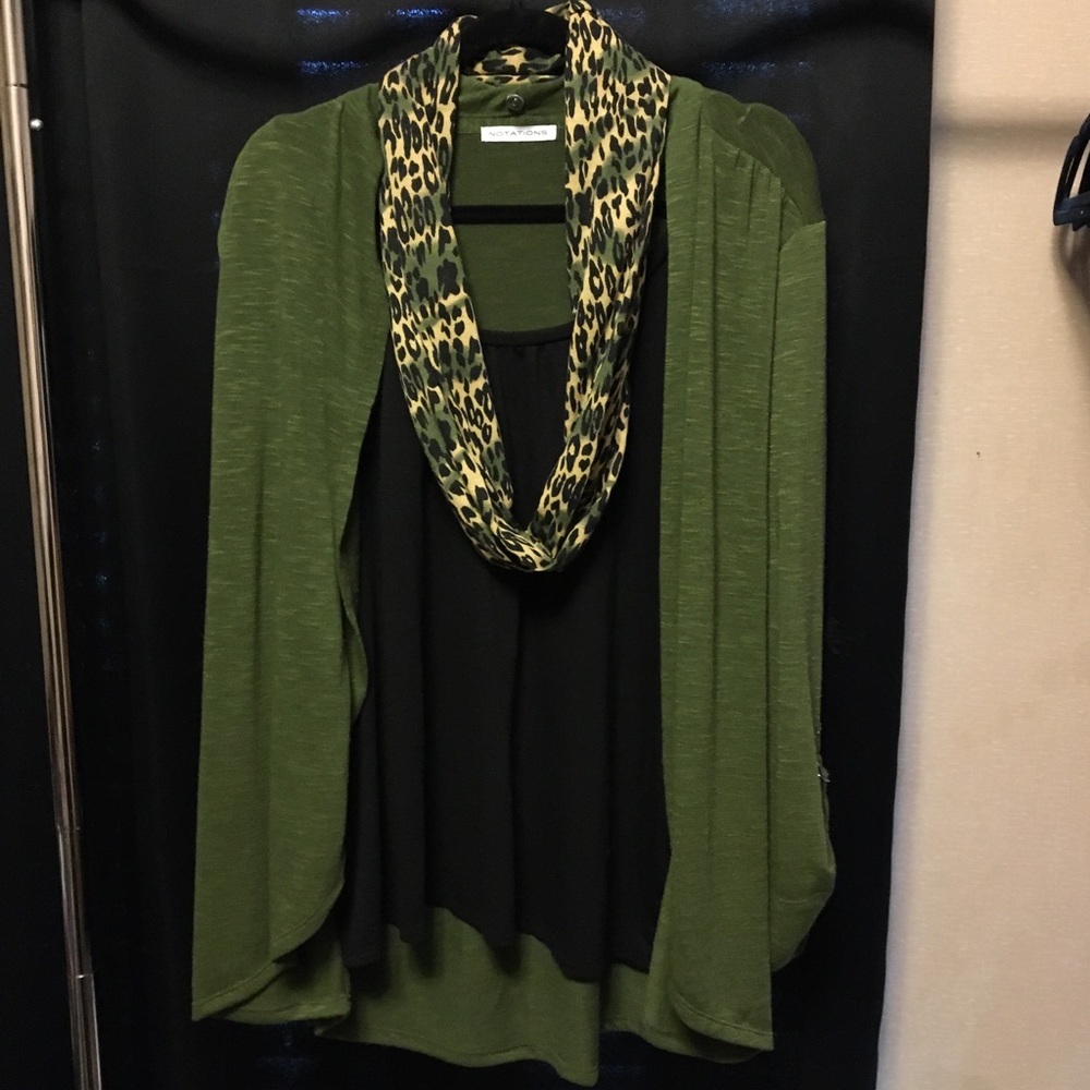 Notations Women’s long sleeve cardigan w/shirt & scarf